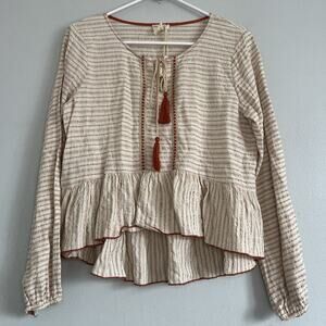 Hem & Thread Boho Peplum Ruffle Long Sleeve Pullover Top Sz L Beige Linen Cotton